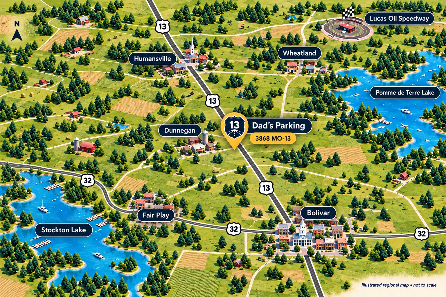 Illustrated regional map: Dad’s Parking sits on Highway 13 between Humansville and Bolivar, near Dunnegan, with Stockton Lake to the southwest, Pomme de Terre Lake to the east and Lucas Oil Speedway near Wheatland
